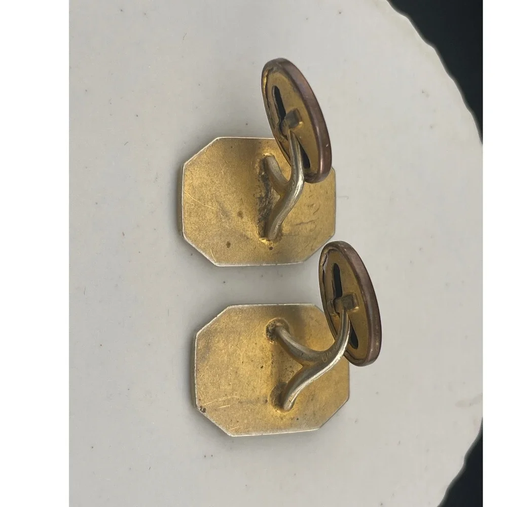 Gold Filled Art Deco Cufflinks Two Tone Etched Engine Turn Geometric Swivel Back